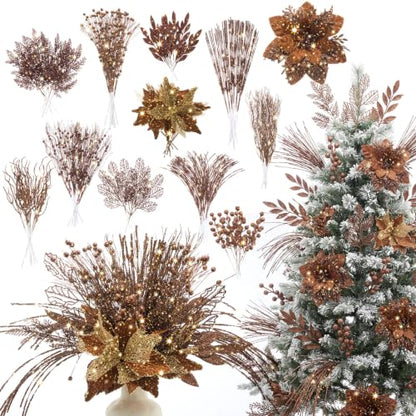 Glitter Bronze Christmas Picks and Sprays - 108 Pieces, 12 Styles - Holiday Decoration