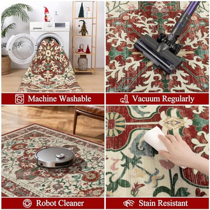 Red Christmas Area Rug 9x12 - Boho Vintage Floral, Non-Slip Backing, Washable