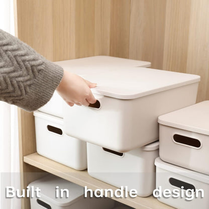 Yishyfier Plastic Storage Baskets - Lidded Organizing Containers for Shelves & Drawers | 4 Medium + 2 Small, Light Grey
