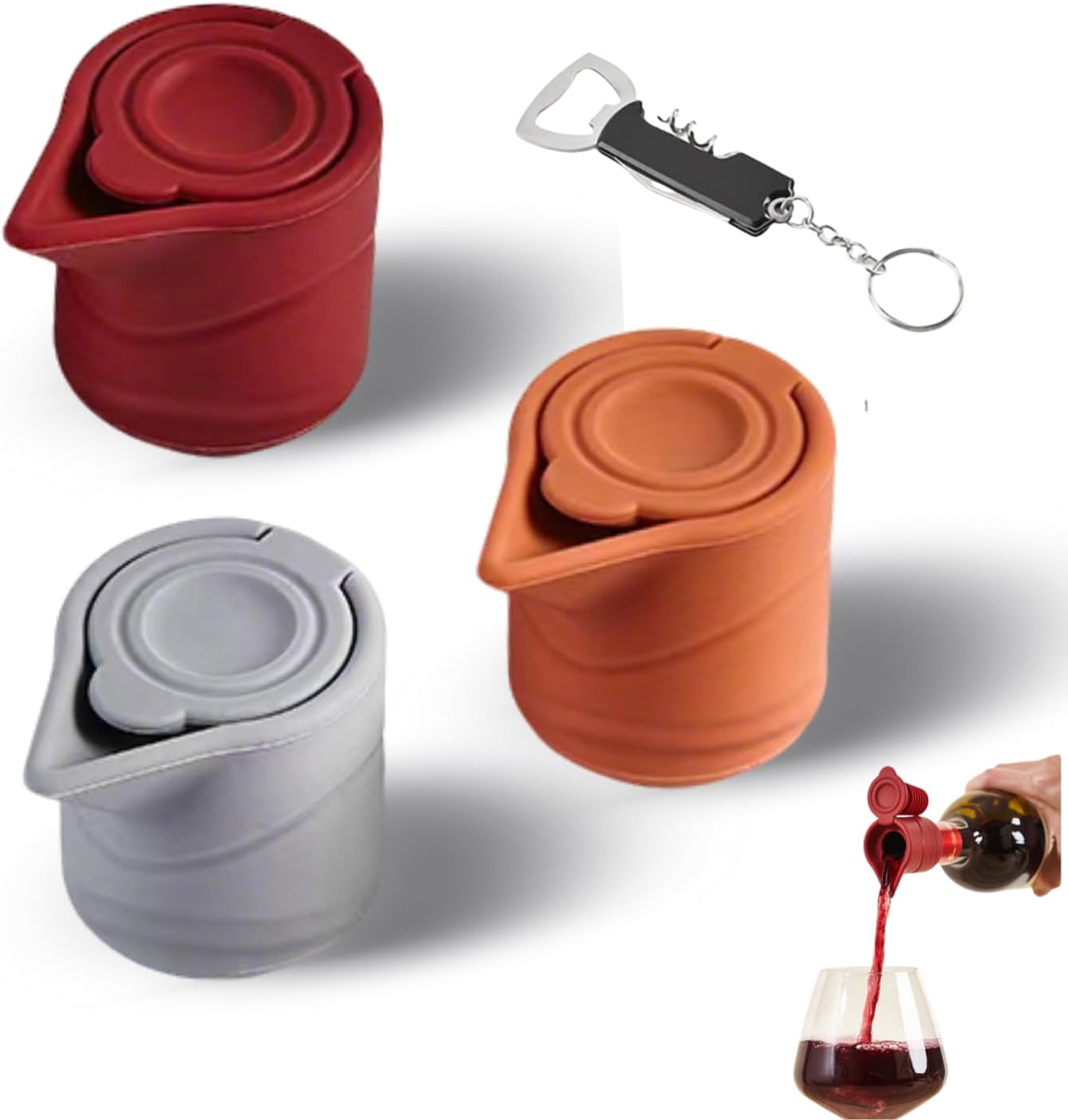 Silicone Wine Bottle Stopper with Guide Nozzle Keep Wine Fresh Reusable Wine Preserver Seals With 3 in 1 Kechain Fixed Sealing Plug Design For Soy Sauce, Cooking Wine, Oilg(Red+Orange+Gray)