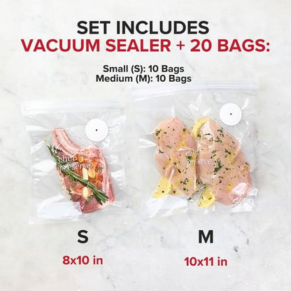 Chef Preserve Compact Vacuum Sealer - Powerful Handheld Food Sealer with 20 Reusable Bags | Meal Saver