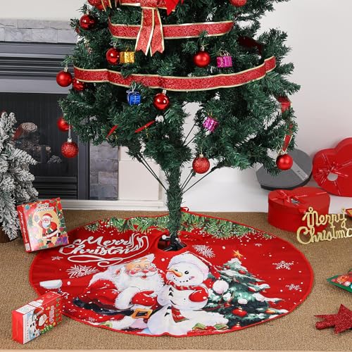 Christmas Tree Skirt Santa Claus Snowman Prints 28 Inch Red Festive Decor