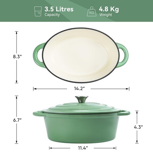 Kerilyn 4.5 QT Enameled Oval Dutch Oven Pot with Lid and Dual Handles, Cast Iron Dutch Oven for Cooking, Bread Baking, Non-stick Enamel Coated Cookware (Light Green)