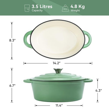 Kerilyn 4.5 QT Enameled Oval Dutch Oven Pot with Lid and Dual Handles, Cast Iron Dutch Oven for Cooking, Bread Baking, Non-stick Enamel Coated Cookware (Light Green)