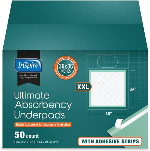 Inspire Disposable Bed Pads - Super Absorbent & Adhesive | 36" X 36", Pack of 50, XXL