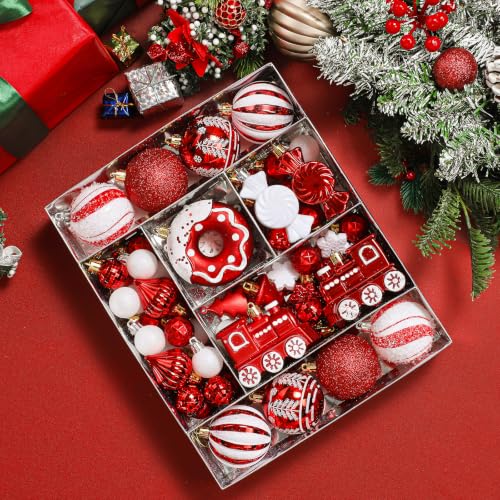 82pcs Christmas Ornaments Set Red & White Shatterproof Plastic Holiday Decor
