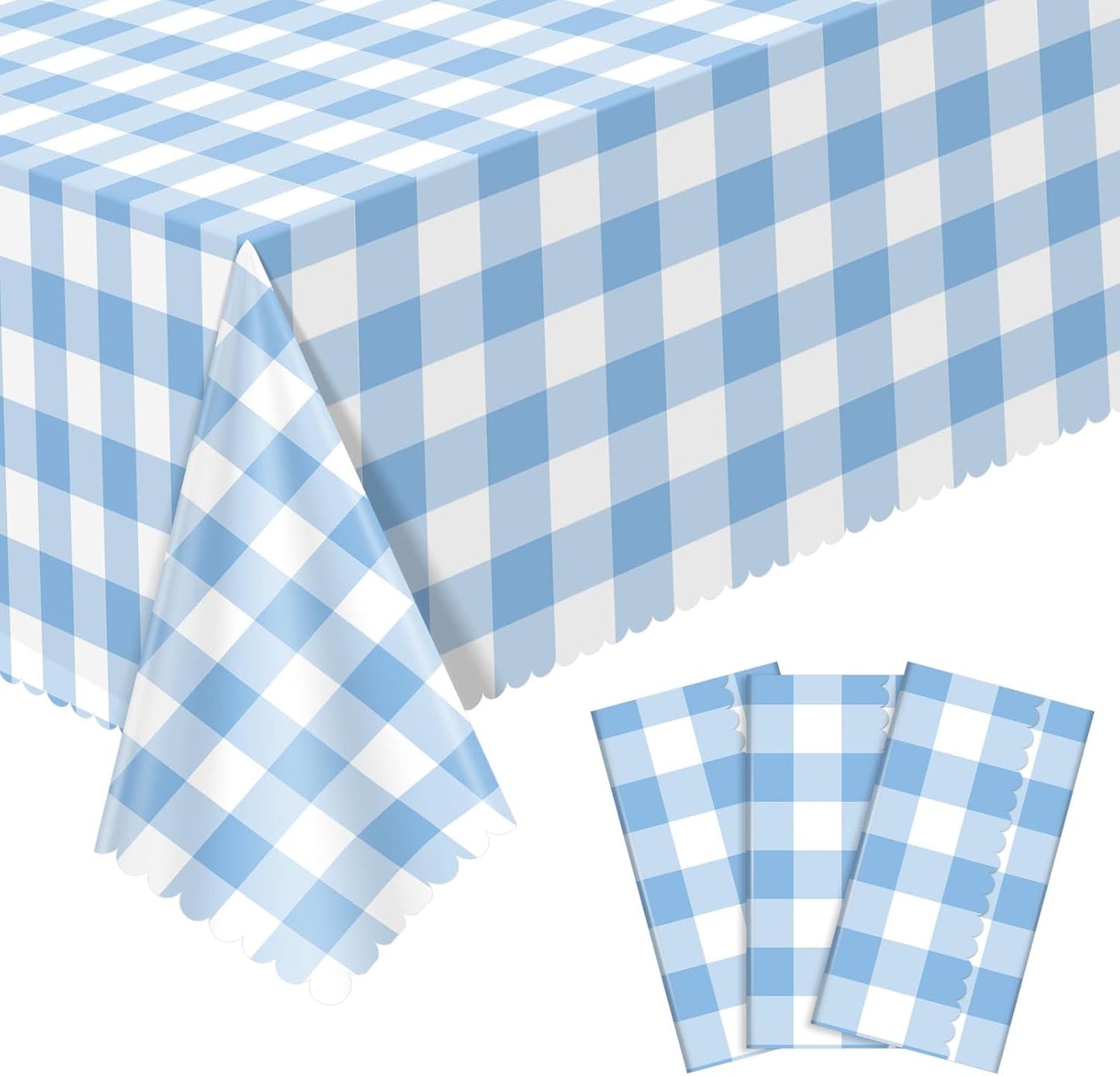 Skiennix Blue Gingham Tablecloths - 3 Pack Disposable Scalloped Design | 54 x 108 Inch for Events