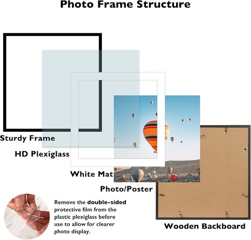 JCJMY 24x24 Picture Frame - Black Wall Hanging Frame with 20x20 Mat & Shatter Resistant Plexiglass
