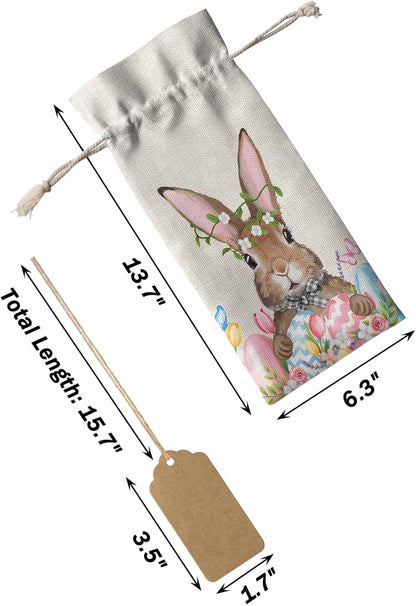 PIEPLE Easter Bunny 10PCS Wine Bottle Bags, Wine Bottle Cover with Drawstring, Gift Bag for Champagne, Wedding, Birthday, Party Spring Colorful Easter Eggs Flowers Burlap