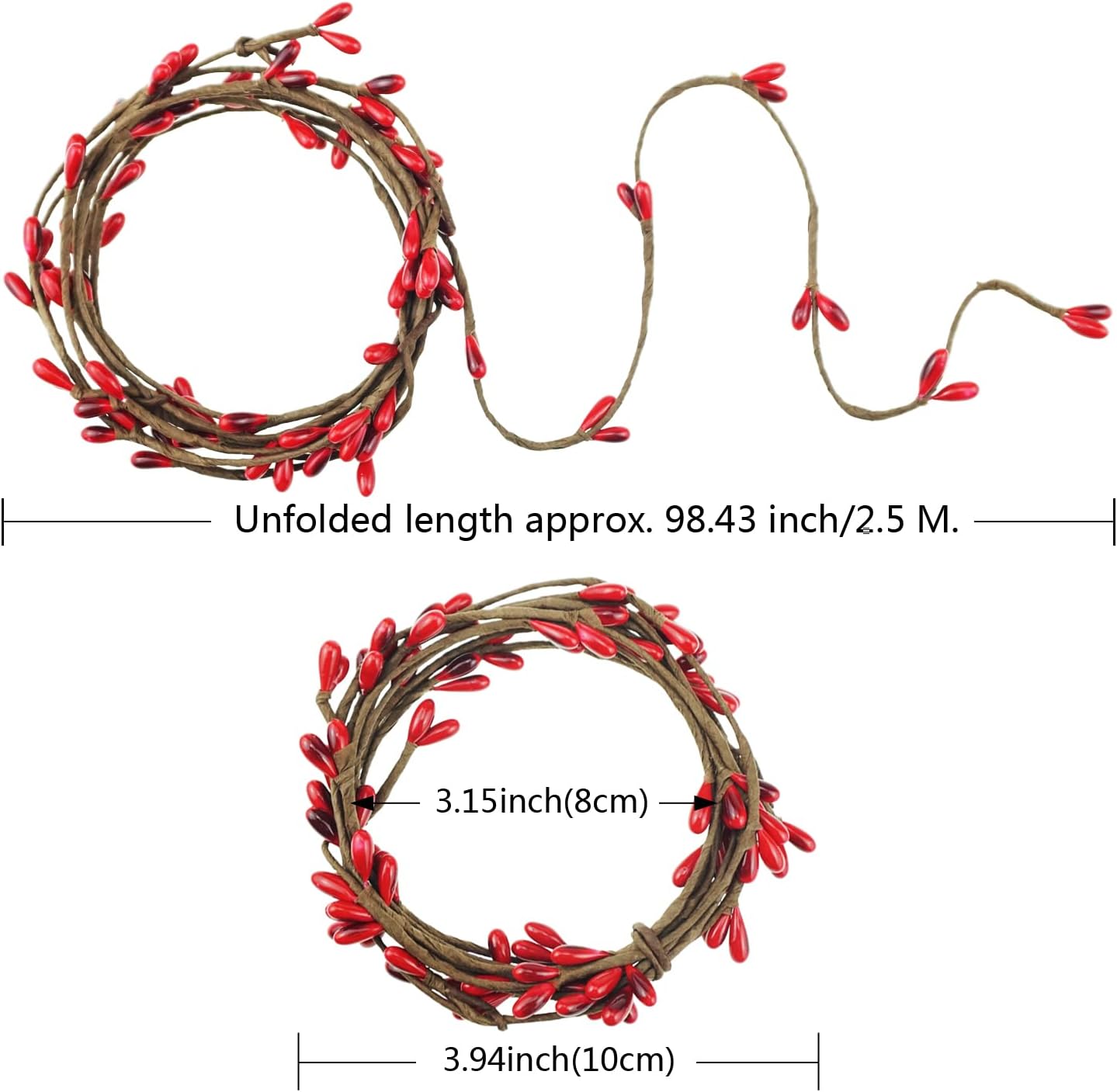 Saktopdeco Red Pip Berry Garland - Artificial Holiday Wreath with Holly Berries & Candle Rings