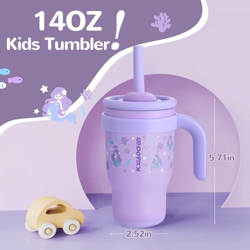 KXIAOCHEN Kids Tumbler - 14 oz Insulated Stainless Steel with Handle | Spill Proof & Keeps Drinks Cold Up to 24 Hrs - Mermaid & Spaceman Designs