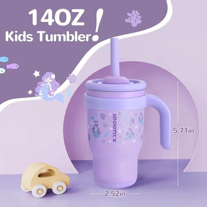 KXIAOCHEN Kids Tumbler - 14 oz Insulated Stainless Steel with Handle | Spill Proof & Keeps Drinks Cold Up to 24 Hrs - Mermaid & Spaceman Designs