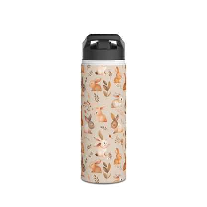 Insulated Water Bottle Thermos, 18oz, Cute Bunny Rabbits - Double Walled Stainless Steel, Keeps Drinks Hot or Cold