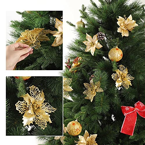 Gold Christmas Poinsettia Tree Decorations Set - 24 Glitter Artificial Flowers with Clips