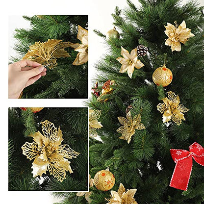 Gold Christmas Poinsettia Tree Decorations Set - 24 Glitter Artificial Flowers with Clips
