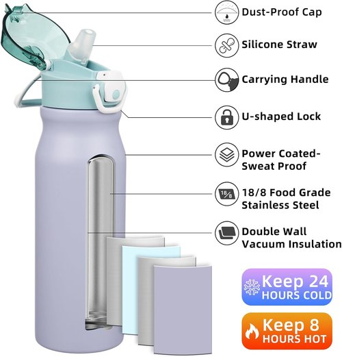 BJPKPK Stainless Steel Insulated Water Bottle - 25oz Reusable Thermal Flask with Straw Lid | Modern Blue