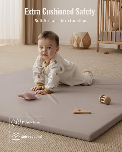 Blissful Diary Vegan Leather Baby Play Mat - 50x50 Waterproof Cushioned Mat for Infants & Toddlers | Stylish Taupe Design