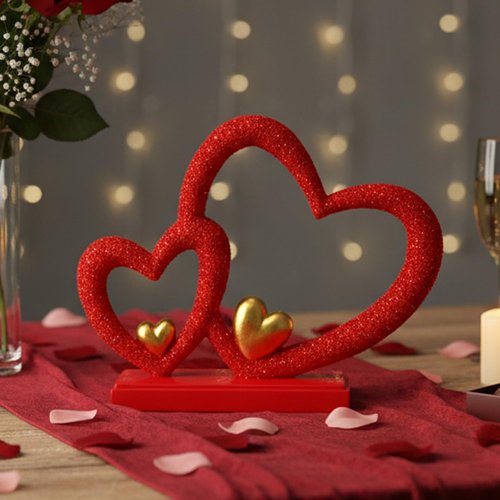 Double Heart Sculpture - Romantic Room Decor with Gold Accents | 7.9" Faux Beaded Statue for Anniversary & Wedding Gifts
