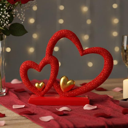 Double Heart Sculpture - Romantic Room Decor with Gold Accents | 7.9" Faux Beaded Statue for Anniversary & Wedding Gifts