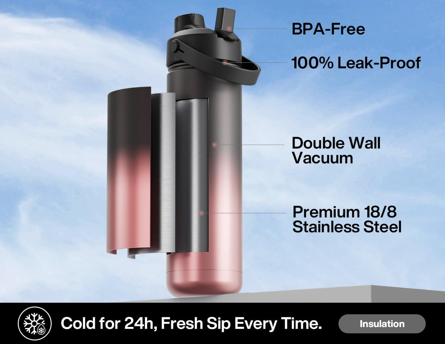 POWCAN 26 oz Insulated Water Bottle - 2-in-1 Straw & Spout Lid, Leak-Proof, Fits Car Cup Holder | Queen Design