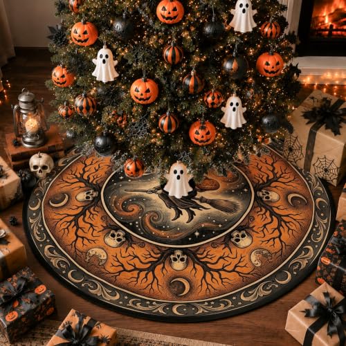 Gothic Witch Halloween Tree Skirt 60 Inch - Orange & Black, Skulls & Moon Design