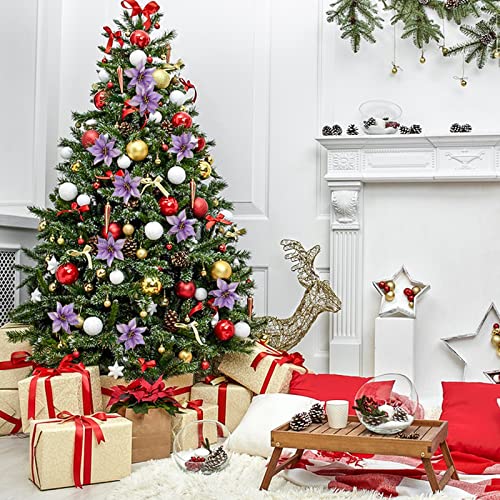 Christmas Glitter Poinsettia Ornaments Pack of 12 - Purple Holiday Tree Decorations