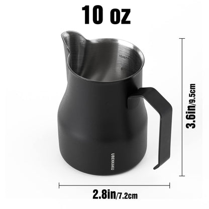 Milk Frothing Pitcher 10oz 14oz 300ml 470ml Steaming Pitchers 304 Stainless Steel Barista Cup Milk Jug Cup For Making Coffee Cappuccino Precision Latte Barista Art, Matte Finish (10 oz) Black