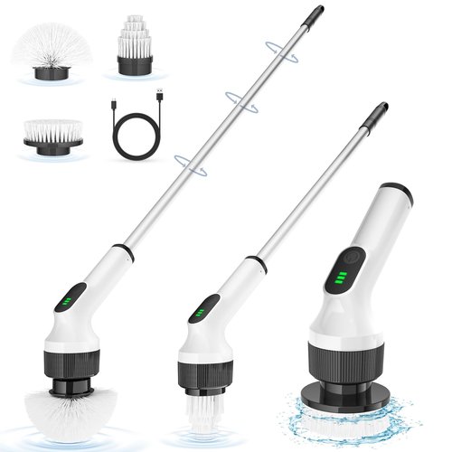 Holercoco Electric Spin Scrubber, Shower Cleaner Brush, Shower Scrubber with Long Handle 53.2inch, 2H Fast Charge, IPX7 Waterproof, Bathroom Cleaning Brush 2 Adjustable Speeds