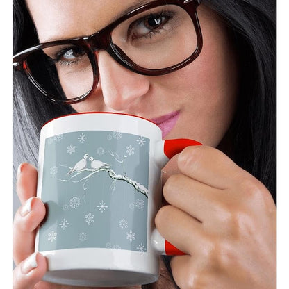 11 Ounce White Ceramic Mug with Red Interior and Snowflake & Turtle Doves Design - Christmas Gift