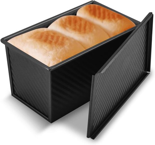 KITESSENSU Carbon Steel Pullman Loaf Pan - Non-Stick Design with Lid | 1 lb Dough Capacity, Black