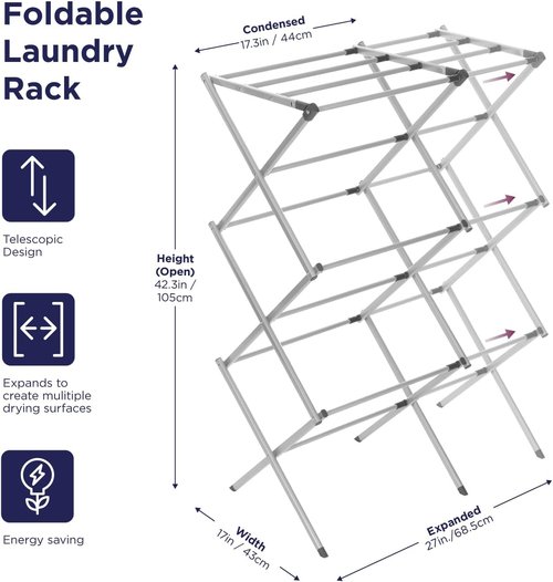 BLACK+DECKER Expandable Collapsible Clothes Drying Rack - Oversized for Air Drying Laundry | Grey