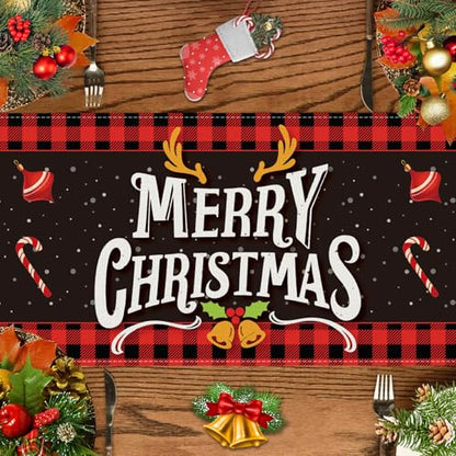 Christmas Table Runner Santa Claus-02 Red & Black Buffalo Plaid 13x72 Inches
