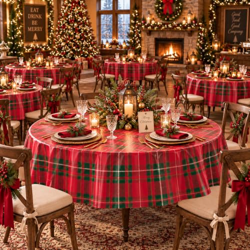 6 Pack Christmas Checkered Plaid Disposable Round Tablecloths - 84 Inches, Dark Red & Green