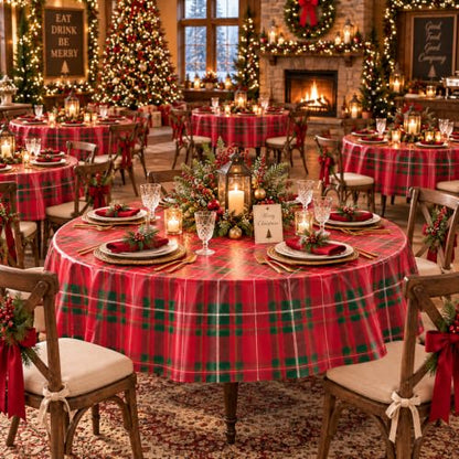 6 Pack Christmas Checkered Plaid Disposable Round Tablecloths - 84 Inches, Dark Red & Green