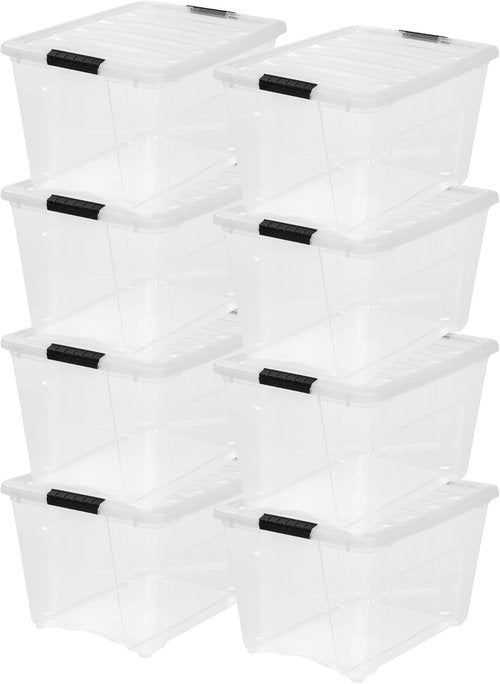 IRIS USA 54 Qt Stackable Plastic Storage Bins - BPA-Free, Durable Lids, 8 Pack - Clear Organizing Solution