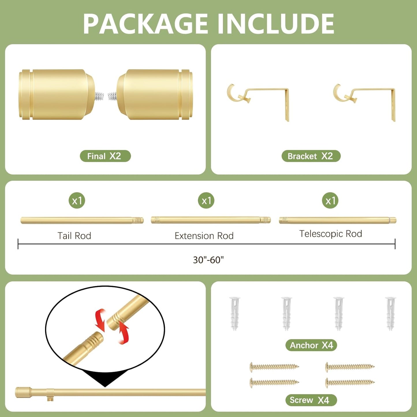 Skiennix Adjustable Gold Curtain Rods - 5/8” Diameter, 30-60 Inch for 30-54 Inch Windows