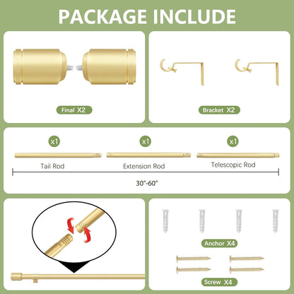Skiennix Adjustable Gold Curtain Rods - 5/8” Diameter, 30-60 Inch for 30-54 Inch Windows