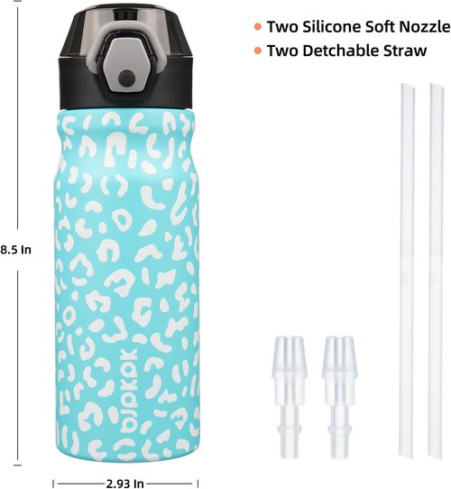 BJPKPK Insulated Water Bottle - 18oz Stainless Steel Thermal Flask with Straw & Carry Handle | Sky Blue Leopard