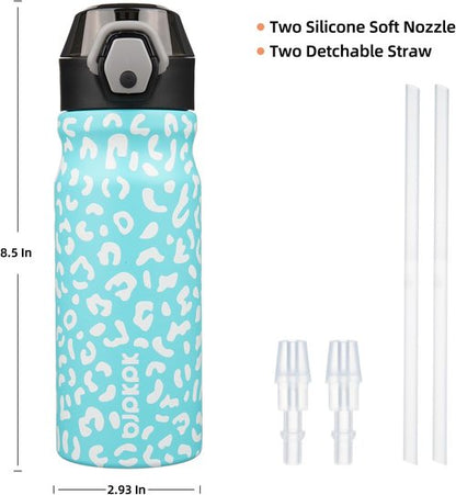 BJPKPK Insulated Water Bottle - 18oz Stainless Steel Thermal Flask with Straw & Carry Handle | Sky Blue Leopard
