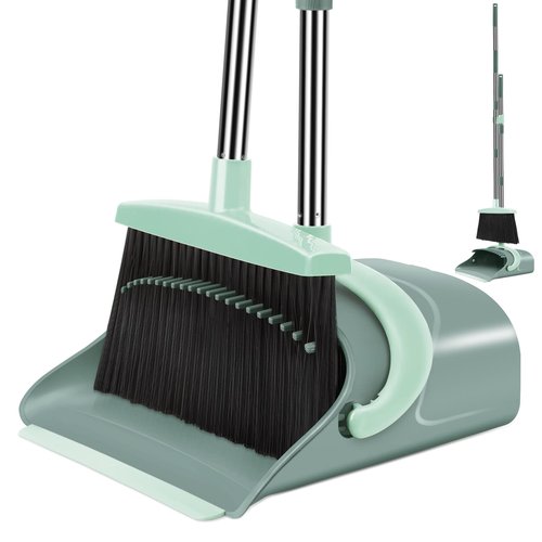 Ivandar Broom and Dustpan Set for Home, Dust pan with Long Handle, Broom with Dustpan Combo Set, for Home Kitchen Room Office Lobby Floor Use Upright Stand Up Sweeping (Gray&Green)