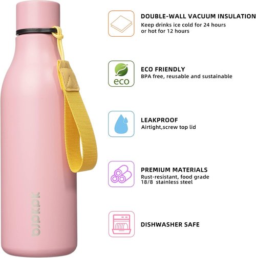 BJPKPK Insulated Water Bottle - 18 oz Stainless Steel, BPA-Free, Leak-Proof Flask for Sports & Travel | Light Pink