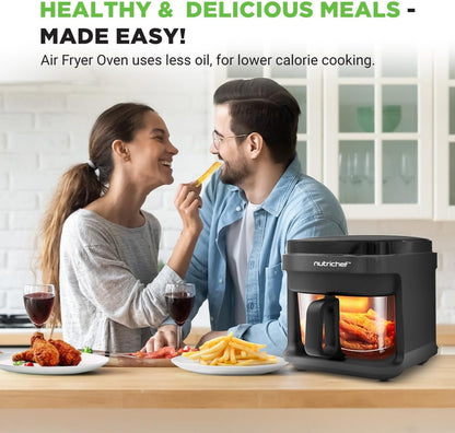 Nutrichef 5.8 Quart Air Fryer - 8-in-1 Preset Cooking Modes | Transparent Fry Bowl for Perfect Results | Grey