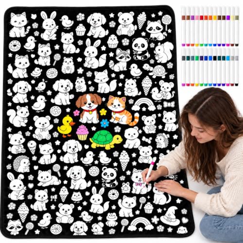DIY Coloring Blanket with 24 Oil-Based Markers - 59x50in Soft Fabric