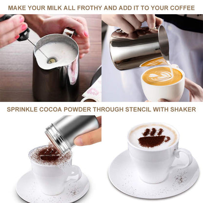 Milk Frother Handheld Coffee Art Set - with Milk Frother Pitcher, Powder Cocoa Shaker, Latte Art Pen, Coffee Stencils, Coffee Spoons