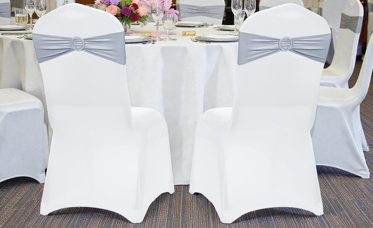 MDS Spandex Foil Chair Sashes - Universal Elastic Stretch Bow Ties with Buckle | Metallic Silver, Pack of 75