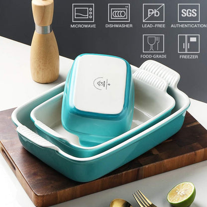Sweejar Baking Pans Set - Durable Ceramic 9x13 Baking Dish with Handle | 3-Piece Rectangular Casserole Set in Turquoise