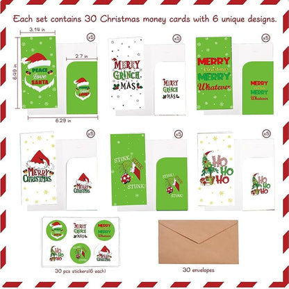30-Pack Christmas Money Holder Cards with Envelopes – Green Funny Gift Card Set
