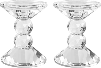Skiennix 2-Pack Crystal Candle Holders - Elegant Clear Taper & Pillar Candlesticks | 4.9in Tall Home Decor