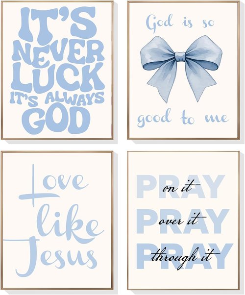 EVER-GOING TUNE Gray Blue Jesus Wall Decor Set of 4 | Inspirational Bible Verse Art for Girls' Bedroom, 8x10 Unframed