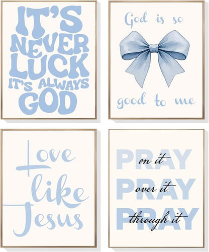 EVER-GOING TUNE Gray Blue Jesus Wall Decor Set of 4 | Inspirational Bible Verse Art for Girls' Bedroom, 8x10 Unframed